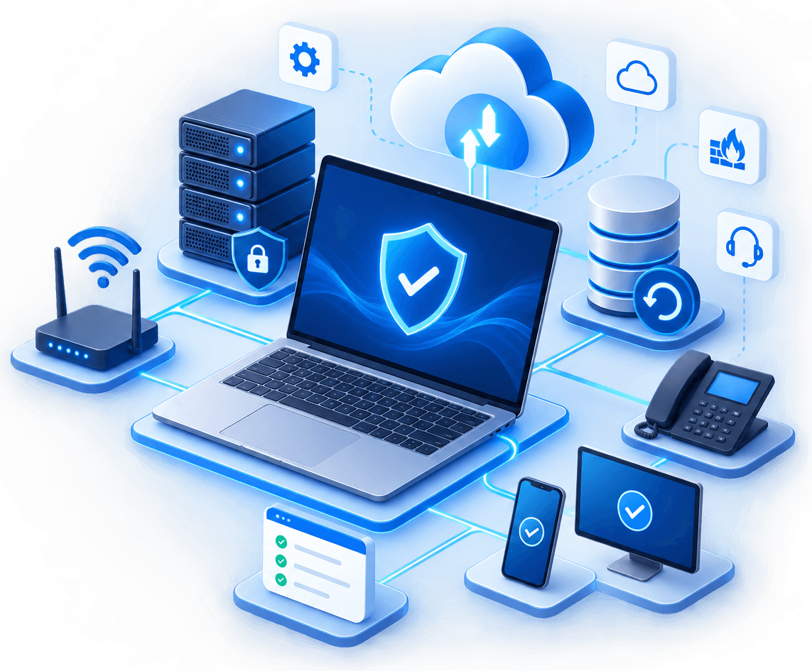 Infraestrutura de TI da empresa integrada: notebook, servidores, nuvem, backup, segurança e rede conectados